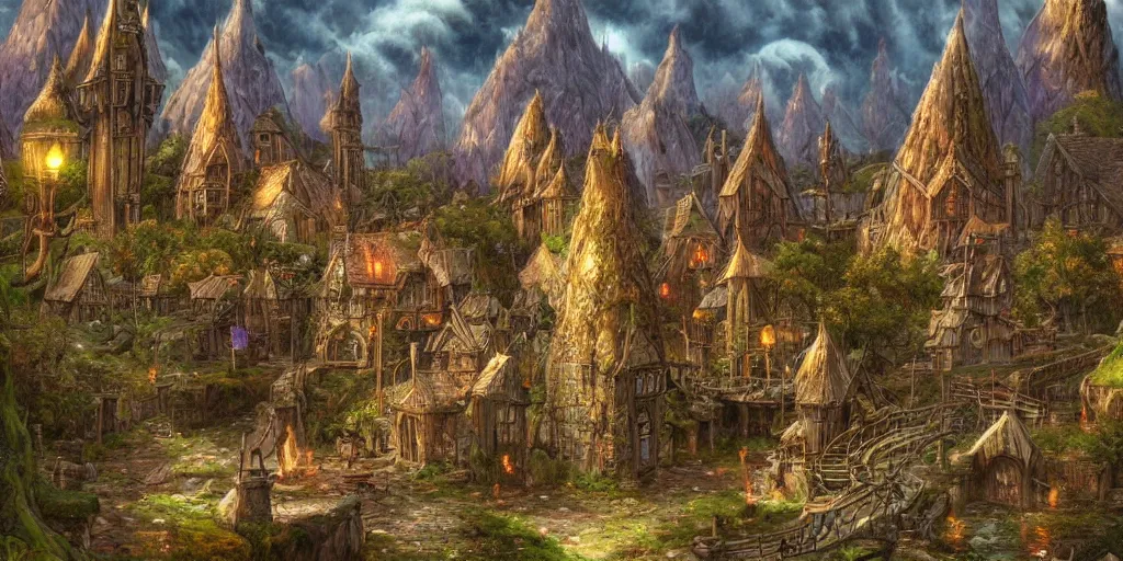 Image similar to high fantasy magical elven town village, gilroy gardens, art by john howe, alan lee, ted naismith, quinton hoover, j. r. r tolkien, lord of the rings, rpg, dungeons and dragons, elden ring, adventure, environment, smooth, sharp focus, deviantart, artstation