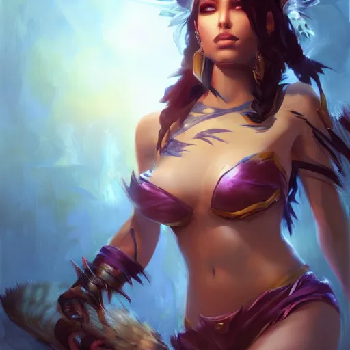 Prompt: nidalee from league of legends, paint by Raymond Swanland