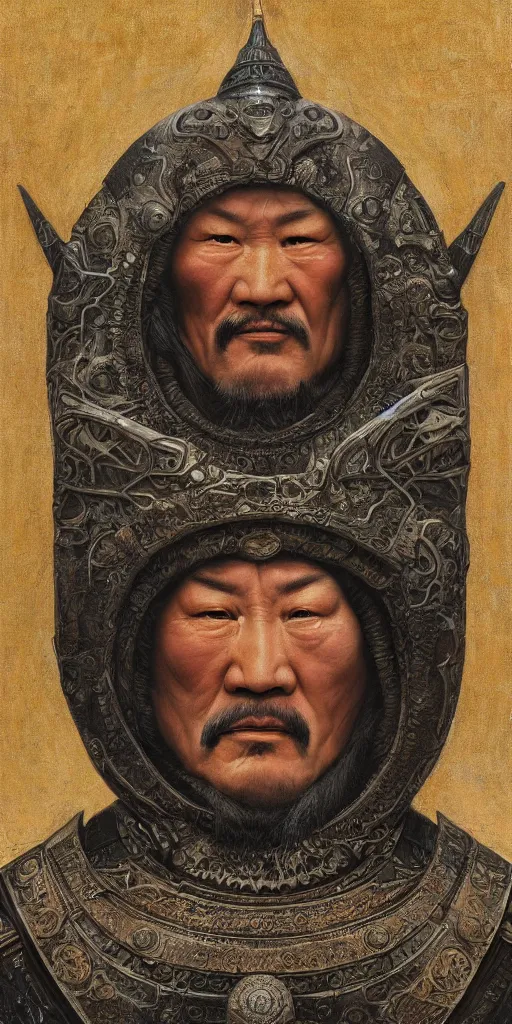 Image similar to a stunning and noble highly detailed portrait of genghis khan by h. r. giger, trending on artstation, oil painting masterpiece, symmetry, mysterious, very very very aesthetic