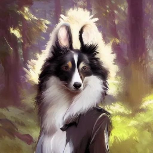 Image similar to portrait of a cute anthro male anthropomorphic border collie fursona wearing a suit in a sunny glade. by henry asencio, jon foster, and ross tran. scenic background, highly detailed, concept art, furry, glamor pose, elegant, aesthetic, beautiful, trending on artstation, top rated on furaffinity and deviantart