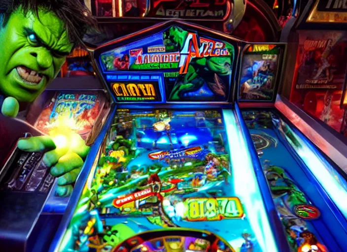 Image similar to film still of Hulk playing pinball in the new Avengers movie, 4k