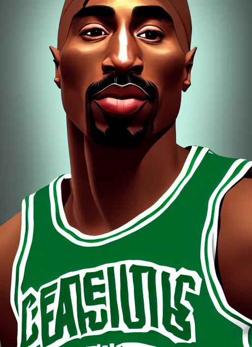 Image similar to portrait of tupac shakur, boston celtics jersey number 3 4, green, white, cartoon digital art, oil on canvas, trending on artstation, octane render