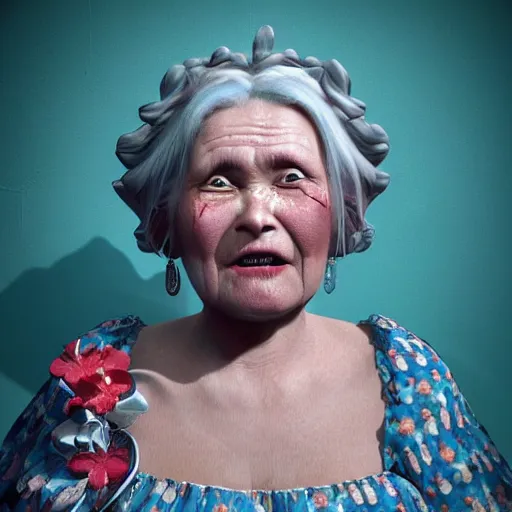Prompt: of a very funny ambient occlusion render. a sweet fat old woman is in love with her self. flowery dress. mirror. symmetrical face, red mouth, blue eyes. deep focus, lovely scene. ambient occlusion render. concept art. unreal engine.