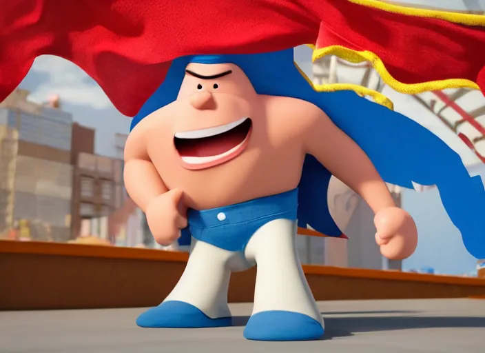 Image similar to captain underpants ( cartoon ) as a real person, 8 k, high definition, photo realistic, octane render