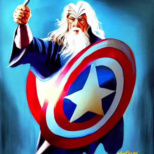 Image similar to gandalf as captain america, painting