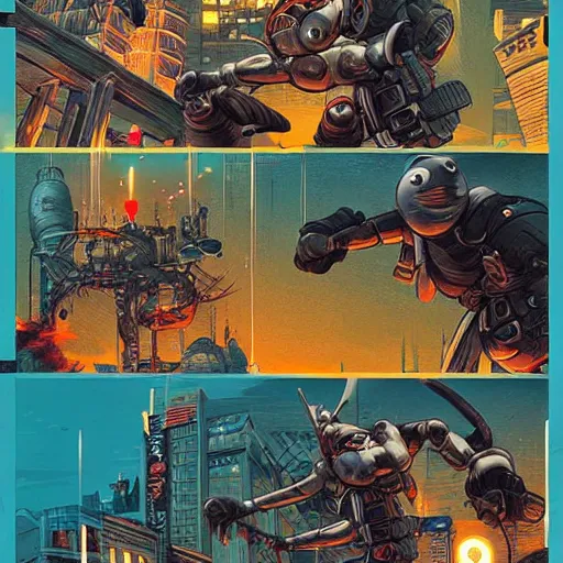 Prompt: combat ninja cyborgs combat in cybercity, golden hour, art by petros afshar and carl barks and hieronymus bosch and santiago caruso, highly detailed