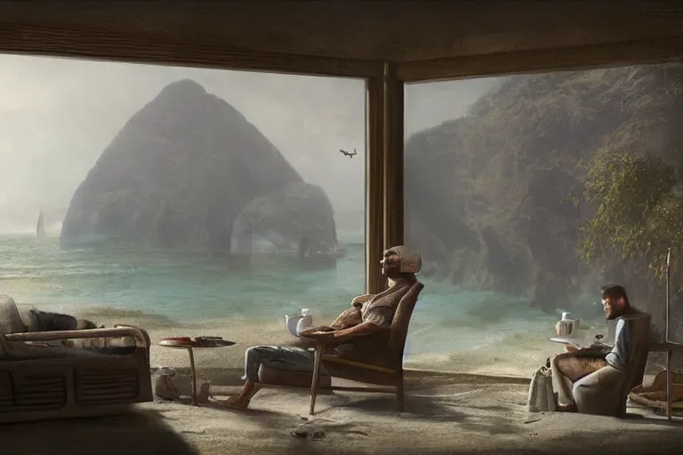 Image similar to a matte painting of a man sitting down and having a cup of tea in his house by the beach, by greg rutkowski,