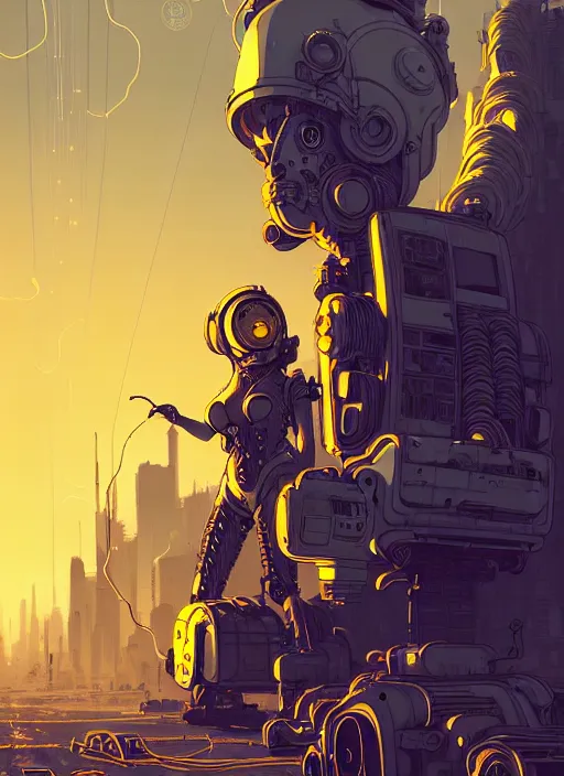 Prompt: highly detailed portrait of wasteland long glowing yellow and white plasma hair tribal lady, stray electric spark wiring by atey ghailan, james gilleard, by joe fenton, by greg rutkowski, by greg tocchini, by kaethe butcher, 4 k resolution, gradient yellow, black and white color scheme!!! ( ( lightning robotic cityscape background ) )