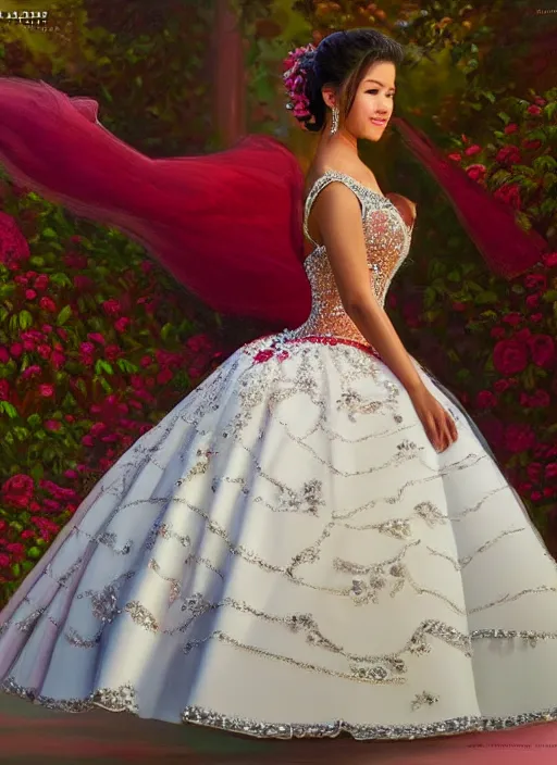 Image similar to photo of a gorgeous young woman at a quinceanera dress in the style of stefan kostic, realistic, sharp focus, 8 k high definition, insanely detailed, intricate, elegant, art by stanley lau and artgerm