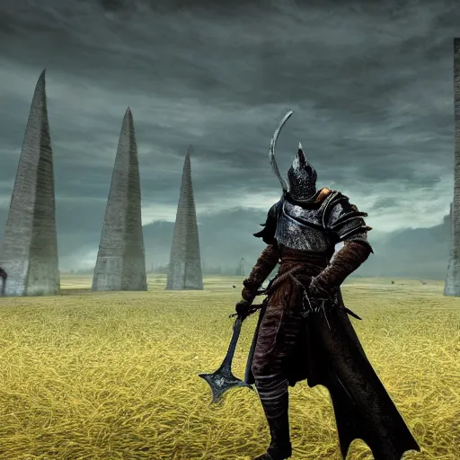 Image similar to Character from Dark Souls standing in a wide open field