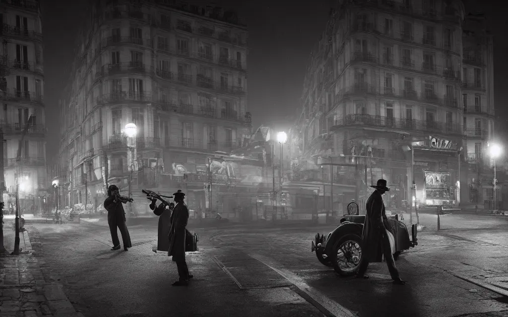 Image similar to One man in a trenchcoat shooting at a lovecraftian monster with a pistol in a 1920's parisian street at night. A cars is driving towards the monster with their lights on. A train station is visible in the background. 4k, pulp, HDR, vivid colors, low angle shot, (fish eye).