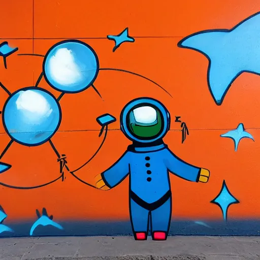 Prompt: baby astronaut doing maintenance, graffiti painting