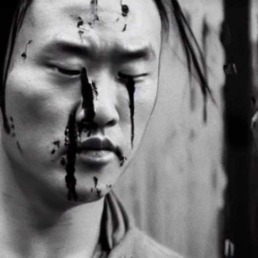 Image similar to film still of justin sun from kill bill, blood spattered chainsaw bride