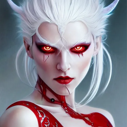 Image similar to ultra realistic illustration, dream humanoid demon girl with white hair, red horns, in white clothes, red eyes, intricate, elegant, highly detailed, digital painting, artstation, concept art, smooth, sharp focus, illustration, art by artgerm and greg rutkowski and alphonse mucha