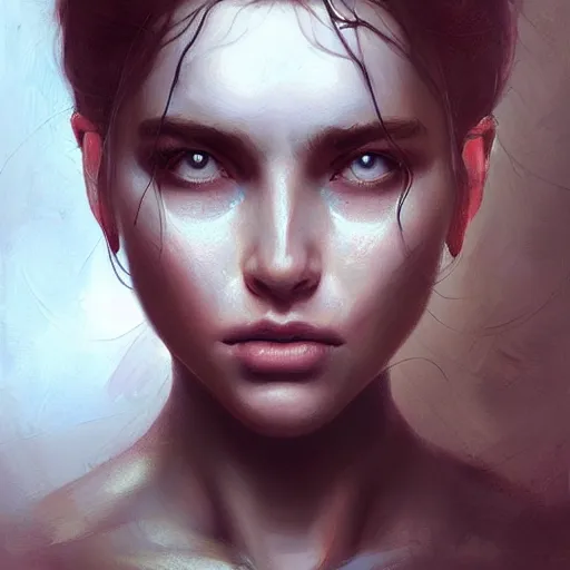 Image similar to painting of a very beautiful girl with muscles lifting weights, very beautiful face, pretty face, very detailed eyes by tom bagshaw, greg rutkowski, wlop