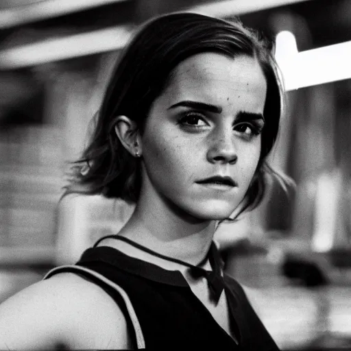 Prompt: photo, close up, emma watson in a hi vis vest, in warehouse, android cameraphone, film still from 1 9 7 4 movie, 2 6 mm,