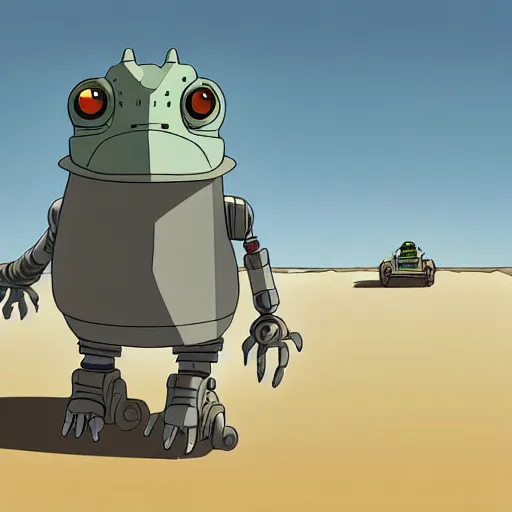 Image similar to a study of cell shaded cartoon of a grey robot iguana from howl's moving castle ( 2 0 0 4 ) on a desert road, full body, wide shot, very muted colors, post grunge, studio ghibli, laurie greasley, highly detailed, deviantart, art by artgem