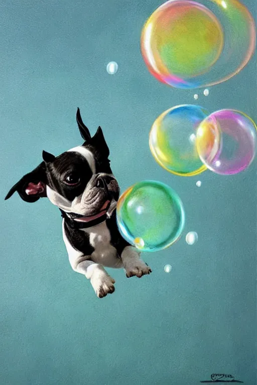 Prompt: a boston terrier chasing bubbles. clean elegant painting, beautiful details, lots of bubbles. by artgerm and greg rutkowski