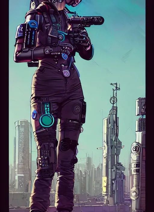 Prompt: Feminist Maria. Gorgeous female cyberpunk hacker wearing a cyberpunk headset, military vest, and jumpsuit. gorgeous face. Realistic Proportions. Concept art by James Gurney and Laurie Greasley. Moody Industrial skyline. ArtstationHQ. Creative character design for cyberpunk 2077.