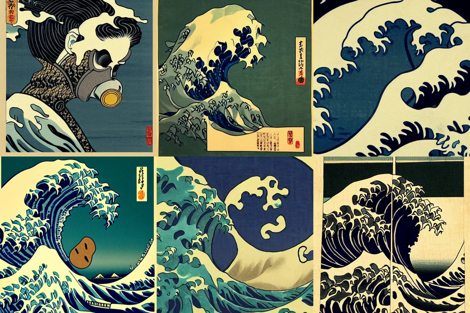 Prompt: Gas mask in Ukiyo-e style, haunting, insanely detailed and intricate, hair like The Great Wave off Kanagawa, movie poster style