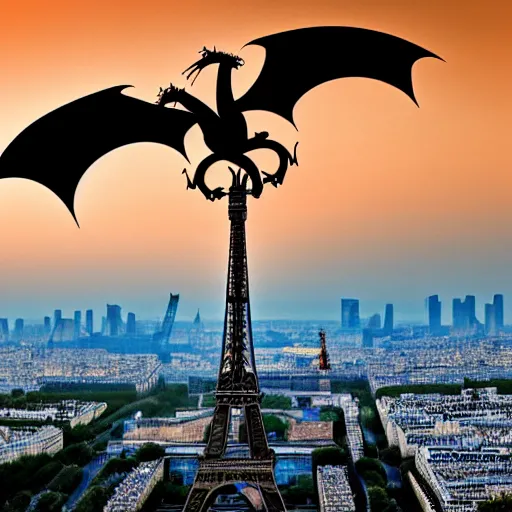 Prompt: flying dragon over the eiffel tower, paris, sunset, flying dragon, smaug