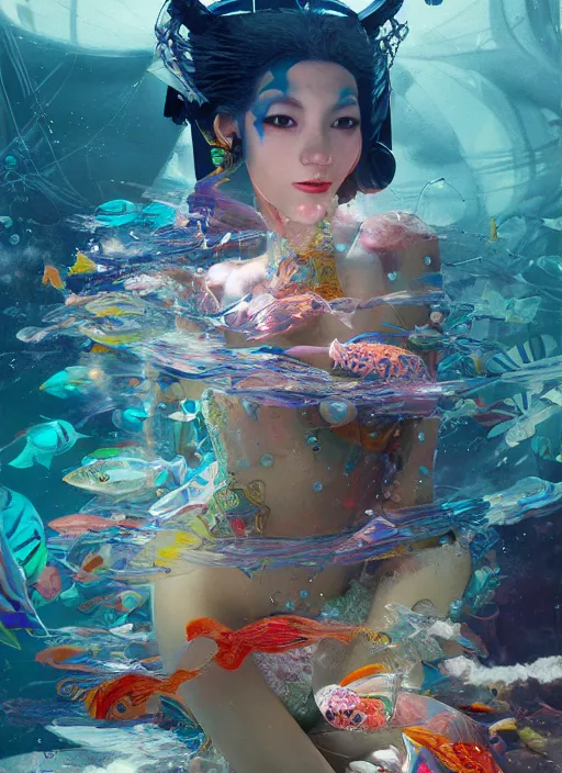 Image similar to portrait of a futuristic geisha cyborg in the ocean surrounded by little colorful fish, modern fine art, fractal, intricate, elegant, highly detailed, digital photography, subsurface scattering, by jheronimus bosch and greg rutkowski,