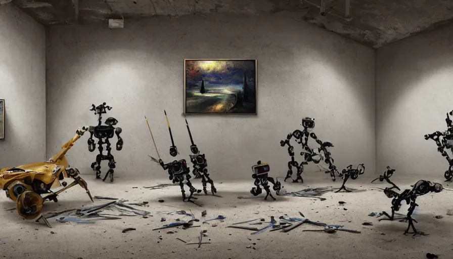 Prompt: robots in an abandoned decrepit art gallery, photos of natural landscapes on walls, robots stand in front of landscape paintings, robots holding paintbrushes and easels, landscape paintings on canvas, 4 k, dramatic lighting, cinematic lighting, robot painter, canvases