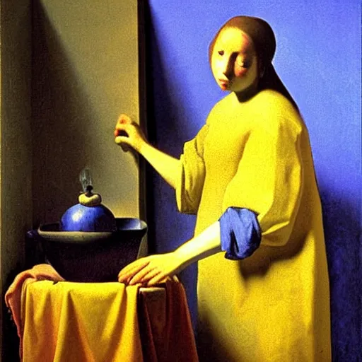 Prompt: A woman who has just been born from a natural well. Painting by Johannes Vermeer.