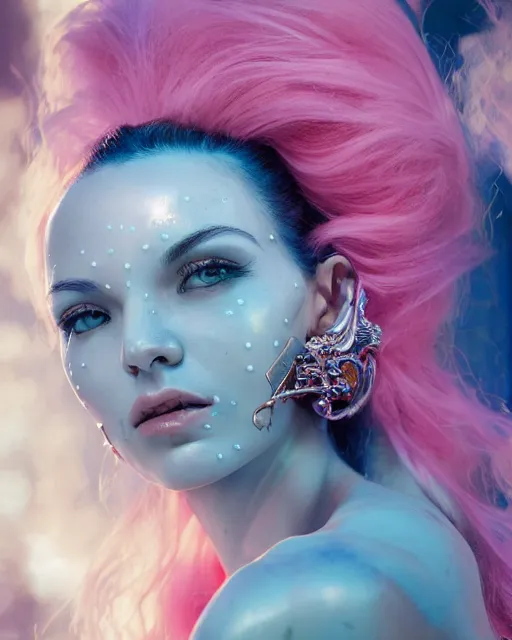 Image similar to natural light, soft focus portrait of an android with soft synthetic pink skin, blue bioluminescent plastics, smooth shiny metal, elaborate ornate head piece, piercings, skin textures, by annie liebovotz, paul lehr