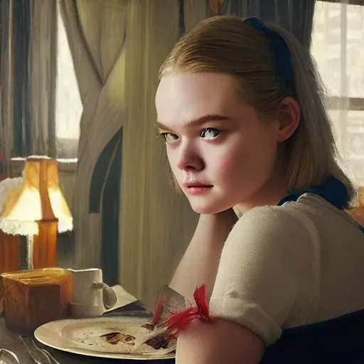 Image similar to Elle Fanning at a diner, head and shoulders portrait, stormy weather, extremely detailed masterpiece, Roger Deakin’s cinematography, oil on canvas, Norman Rockwell,