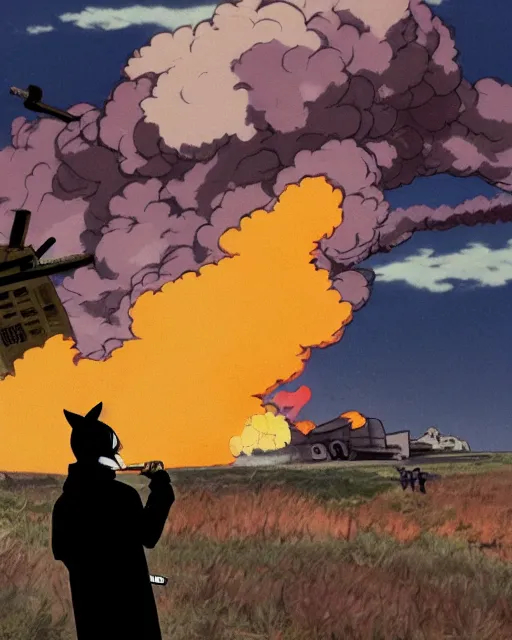 Image similar to a fox in a black trench - coat, smoking a cigarette in front of a huge explosion in the middle of a war, style of anime