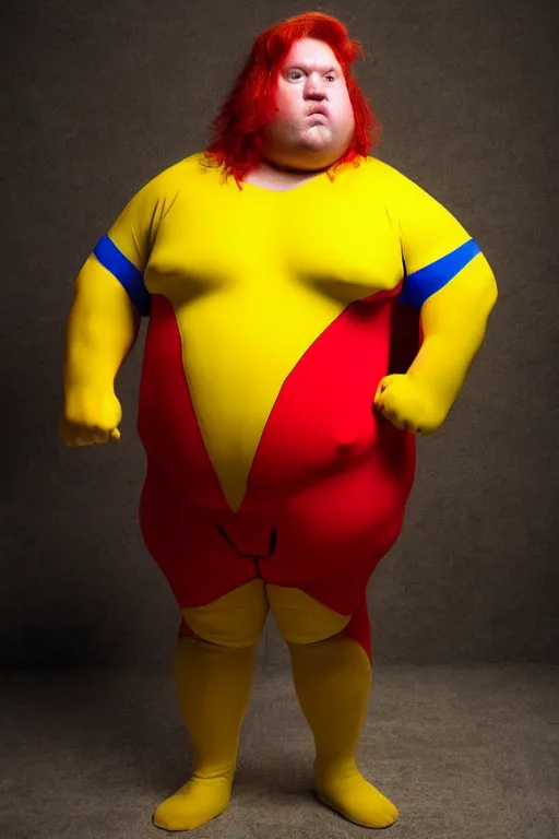 Prompt: a fat and sad superhero with red hair, wearing a blue and yellow costume, photograph, 4 k, high definition,