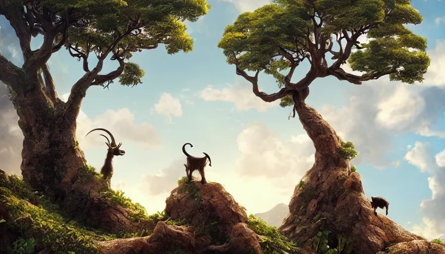 Image similar to very very small goat, sitting on a gigantic dragon tree in socotra island by ilya kuvshinov, rtx rendering, octane render 1 2 8 k, maya, extreme high intricate details by tom bagshaw, medium shot, close up shot, composition by sana takeda, lighting by greg rutkowski