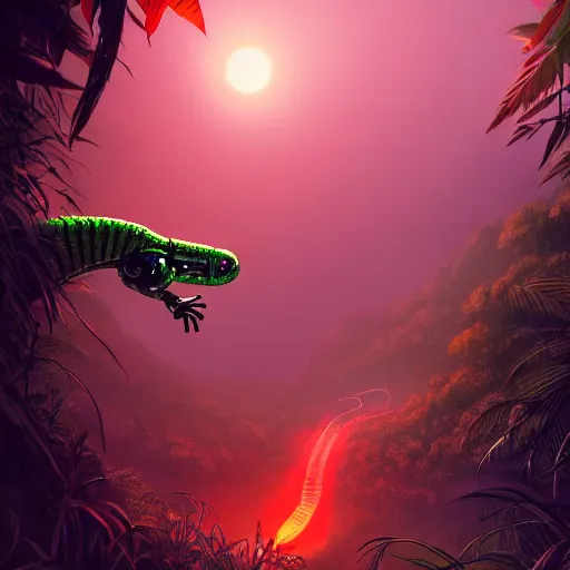 Image similar to robot snake in the middle of the jungle spying enemy country, red glowing eyes, dense jungle, middle of night, hd, uhd, 8 k, noise, illustration, sharp focus, detailed, sharpen, artstation, elegant, highly detailed, fantasy, futuristic