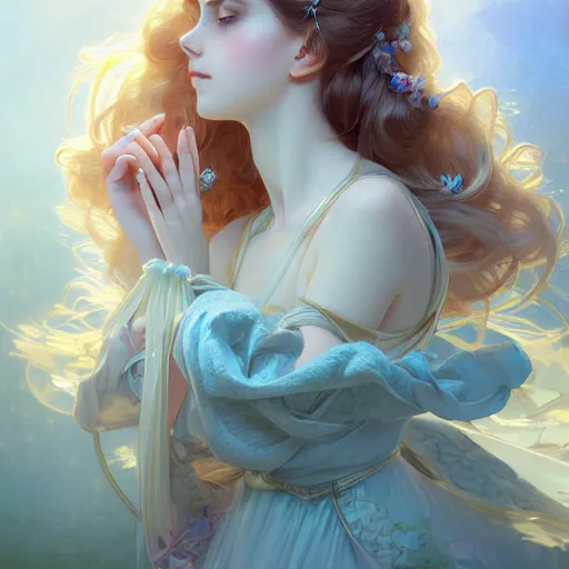 Prompt: Portrait of magical girl, dreamy and ethereal, pastel blue eyes, peaceful expression, ornate frilly dress, fantasy, intricate, elegant, dynamic lighting, highly detailed, digital painting, artstation, concept art, smooth, sharp focus, illustration, art by artgerm and greg rutkowski and alphonse mucha