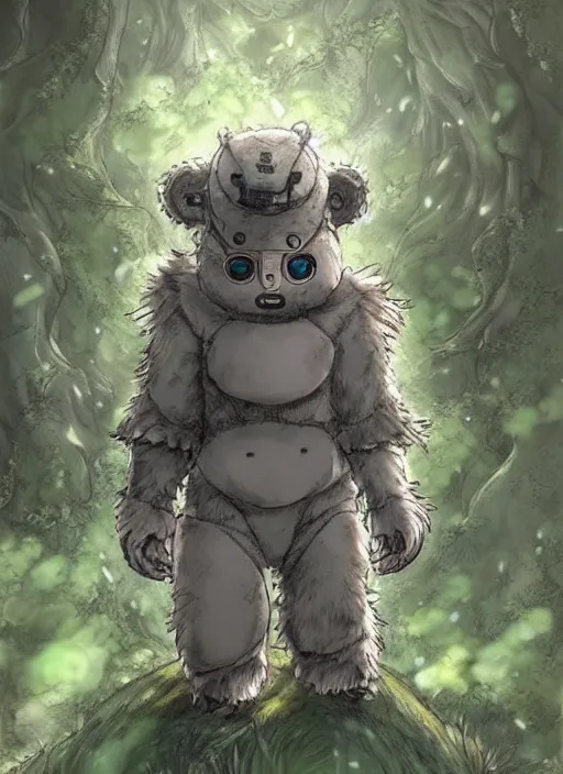 Image similar to beautiful little boy wearing an cyborg bear suit, artwork in kentaro miura and made in abyss and rosdraws, smooth, beautiful lightness, anatomically correct, trending on pixiv, forest