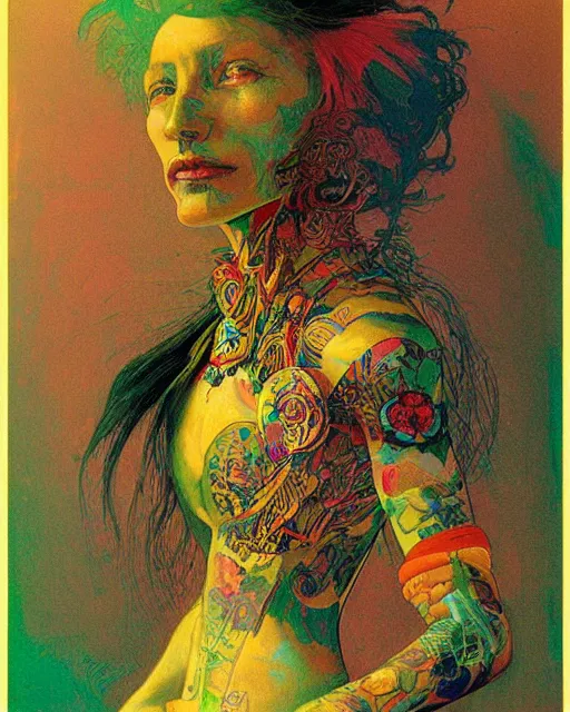 Image similar to rainbow flowerpunk portrait of a skateboarding tattooed matriarch by paul lehr, beksinski, alphonse mucha