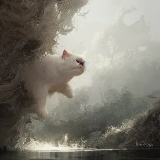 Image similar to white fluffy cat rising from the water. view from behind, wide angle view, back view. nuri iyem, james gurney, james jean, greg rutkowski. trending on artstation, starlight, and enchanted dreams