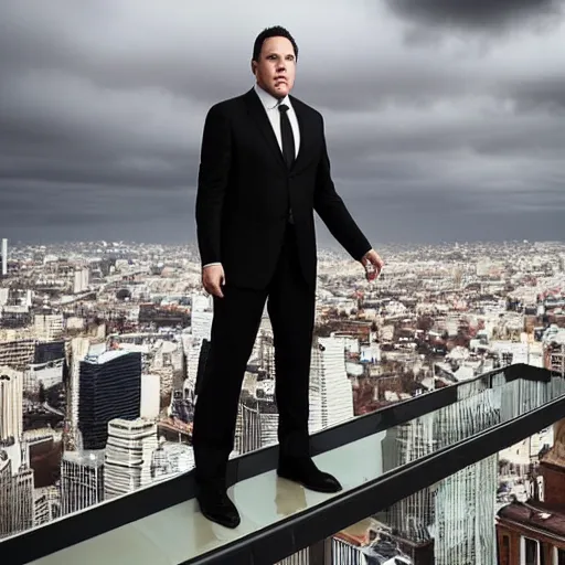 Image similar to Clean-shaven Jon Favreau wearing a black suit and black necktie and black dress shoes is climbing up a tall building in an urban city. The sky is filled with dark clouds and the mood is ominous.