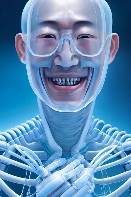 Prompt: hyperrealistic close-up translucent exoskeleton!! smiling chinese man covered highly detailed concept art eric zener elson peter cinematic side soft blue light high angle hd 8k sharp shallow depth of field