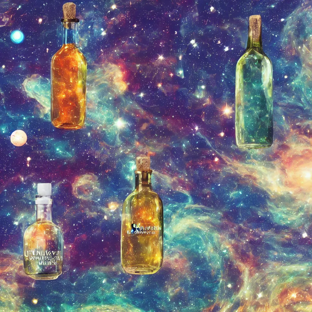 Image similar to the universe contained within a bottle, in a style of mid journey