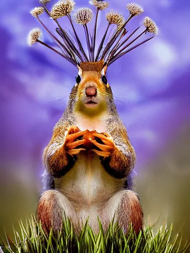 Image similar to a squirrel as king arthur, extremely plump, wearing crown of acorns and dandelions, servant squirrels, king arthur's court, game of thrones, sitting on throne, extreme wide shot, low angle, crown, crown, crown, palace, fantasy art, cinematic lighting, realistic, sony 2 4 mm f 8. 0