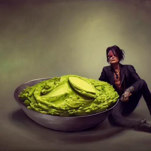 Image similar to johnny depp sitting in a giant bowl of guacamole, ultra high detailed, oil painting, greg rutkowski, charlie bowater, yuumei, yanjun cheng, unreal 5, daz, hyperrealistic, octane render, rpg portrait, dynamic lighting