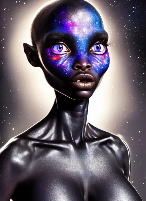 Prompt: a photorealistic portrait, stunningly beautiful hyper detailed avatar alien girl, big mysterious black alien eyes, professionally retouched, soft lighting, hyper realistic, small nose, pretty mouth, black hair, beautifully detailed colorful starry sky, wide angle, sharp focus, 8 k high definition, 6 4 megapixels, insanely detailed, stunningly beautiful