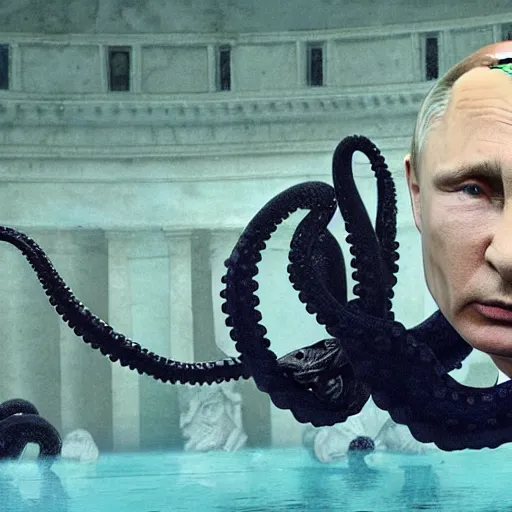 Prompt: vladimir putin, with octopus tentacles sitting in an old roman bathhouse