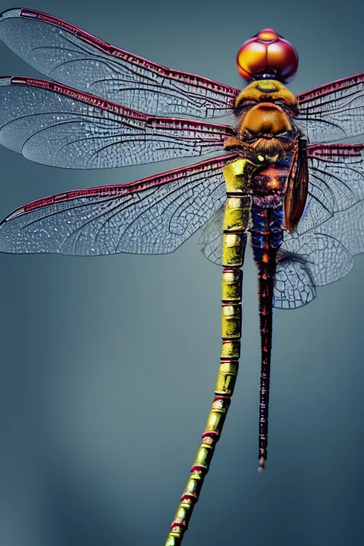 Prompt: a macro photo of a dragonfly, dynamic pose, close - up, intricate details, intricately detailed wings and compound eyes, intricate textures, warm lighting, vivid colors, smoke and mist, realistic octane render, hyper realistic render, volumetric shading, depth of field, raytracing, 8 k,