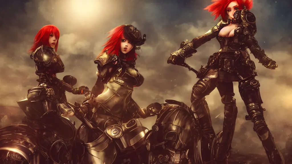 Image similar to cosplay red haired, female character, light armour, skirt, riding steampunk motorcycle, in fantasy sci - fi city, night time, city lights, motion blur, final fantasy, cinematic, realistic, stylised, unreal engine, lumen, realistic, artgerm