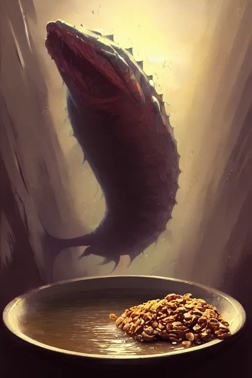 Prompt: greg rutkowski. giant wet fleshy creature over a bowl of yummy cereal