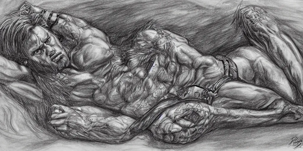 Image similar to beowulf resting in peace, drawing by david rubin