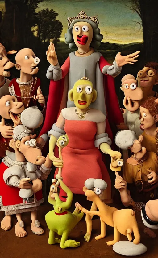 Prompt: god saves the queen, claymation, epic, ( ( renaissance painting ) ), in the style of wallace and gromit